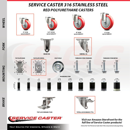 Service Caster 3 Inch 316SS Red Polyurethane Swivel Top Plate Caster Set Total Lock Brake SCC SCC-SS316TTL20S314-PPUB-RED-4